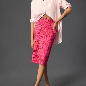 Anthropologie Maeve Pink Floral Cutwork Floral Lace Midi Skirt